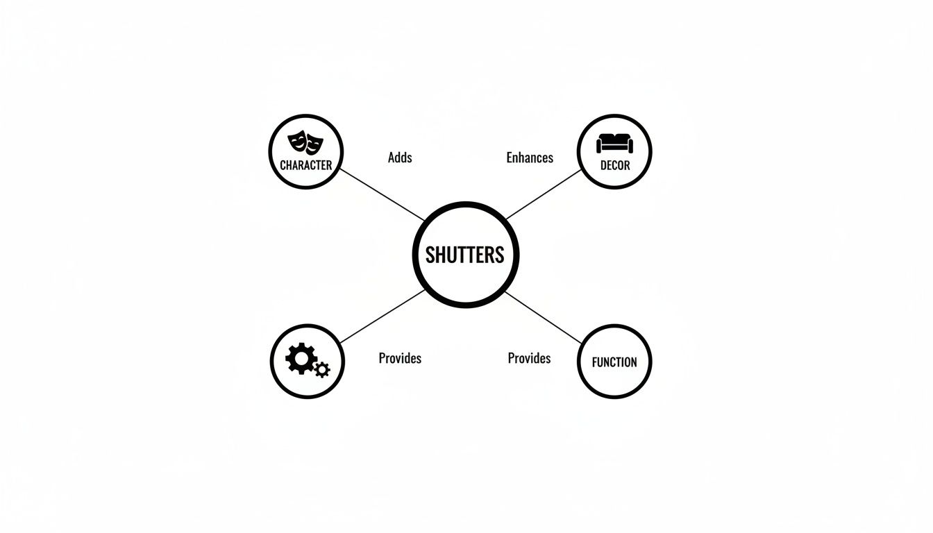A mind map illustrating the benefits and aspects of shutters: character, decor, and function.