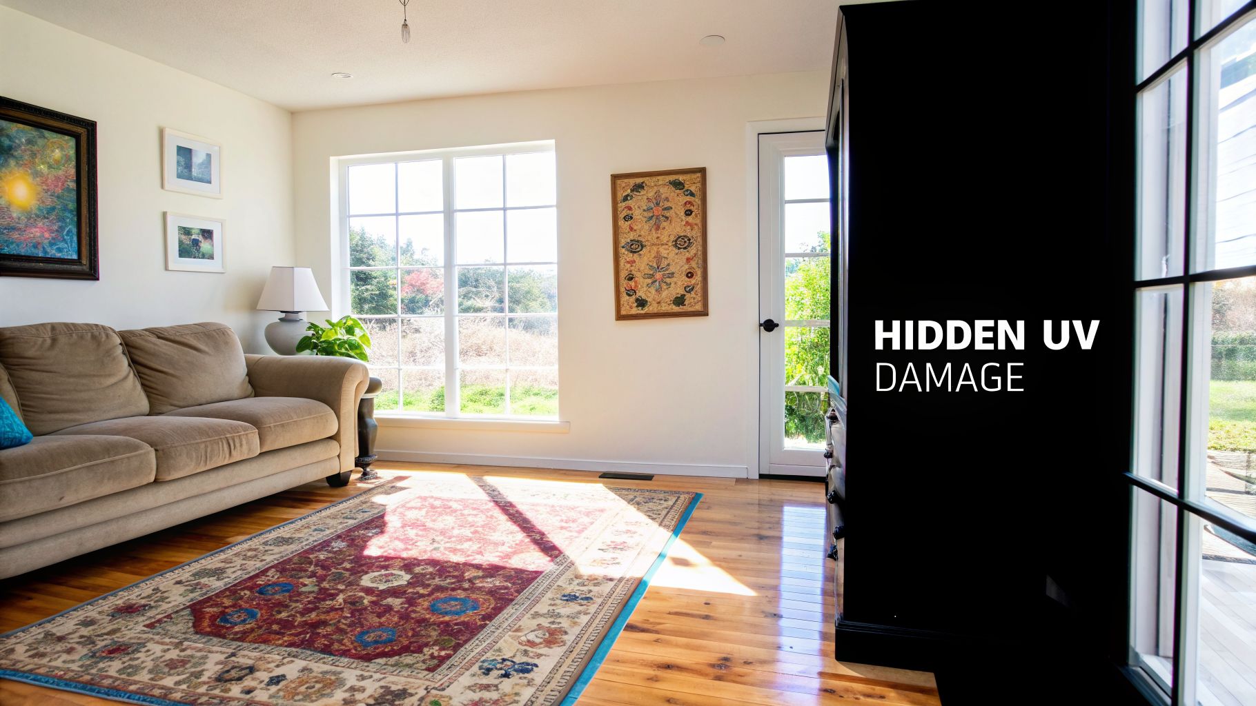 Sunlit living room with large windows, a couch, and a rug, highlighting UV light.