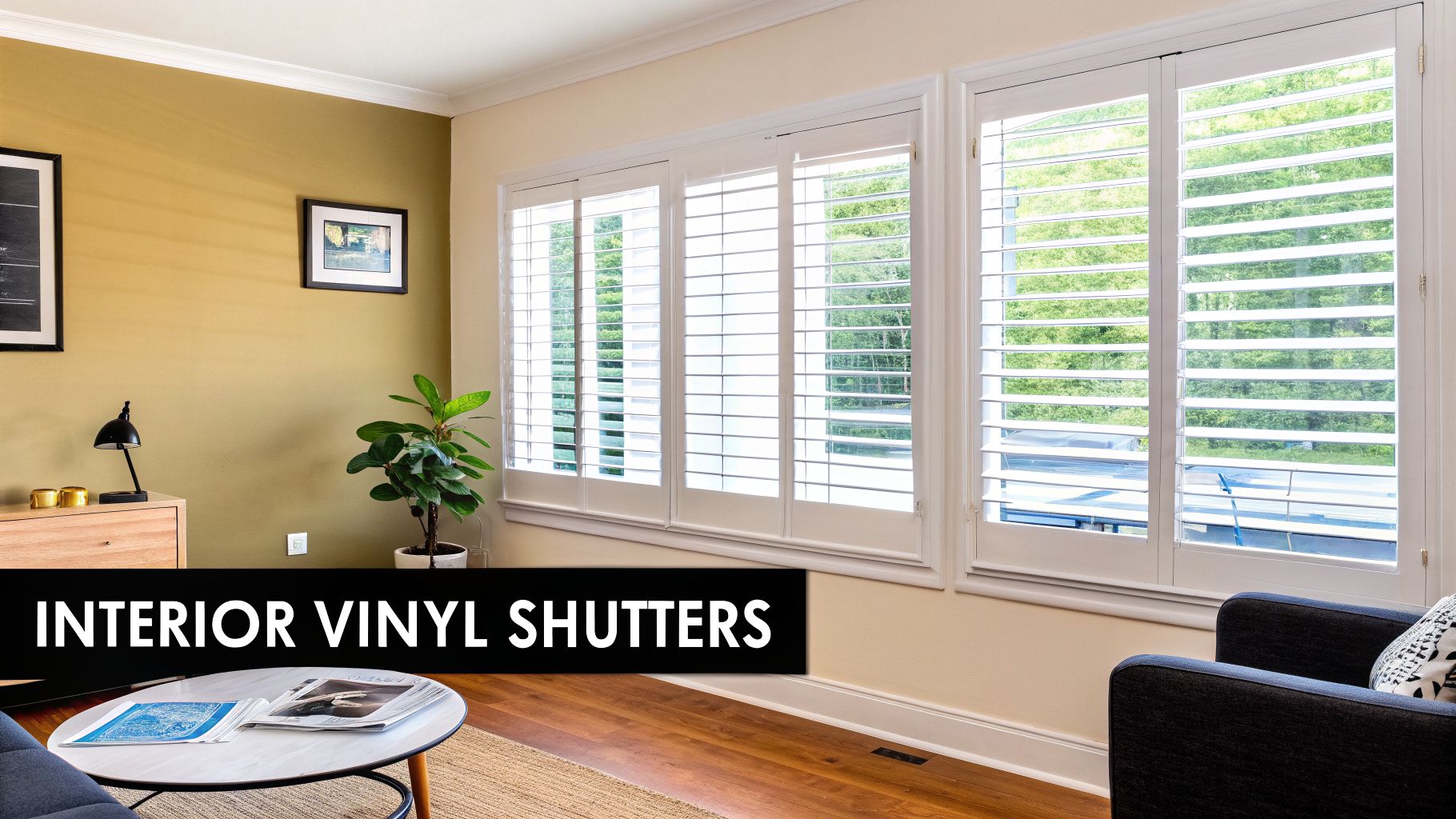 A modern living room with white interior vinyl shutters covering several windows overlooking trees.