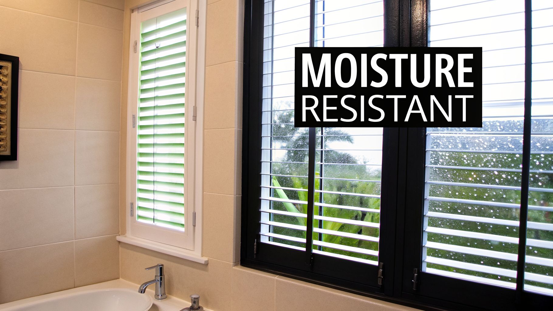 Bathroom with white and black louvered shutters, featuring moisture resistance and a bathtub.