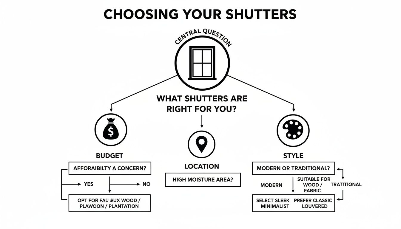 Decision tree for choosing shutters based on budget, location, and style preferences.