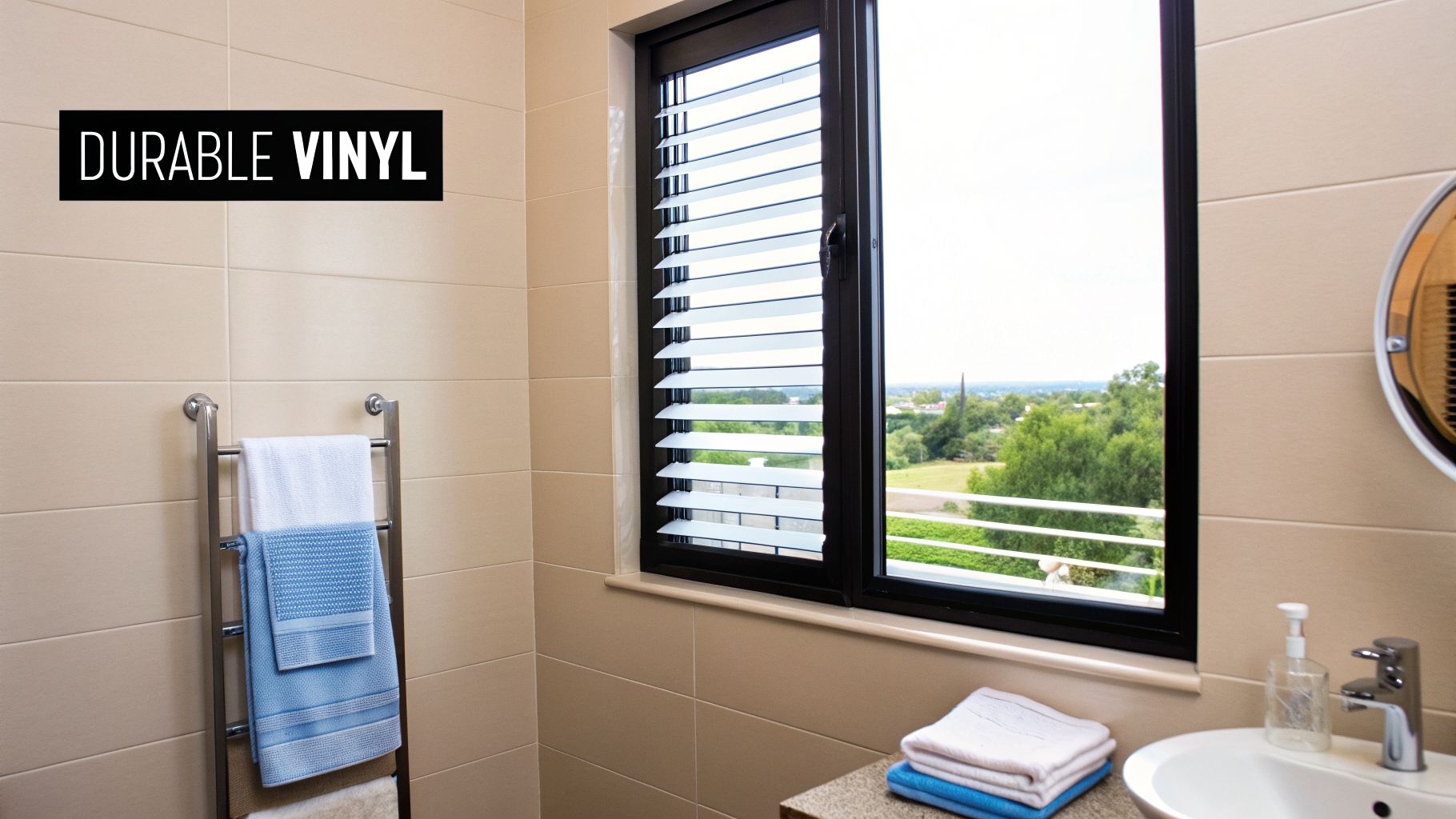 A modern bathroom featuring light beige tiled walls, a window with durable vinyl louvered shutters, and a towel warmer.