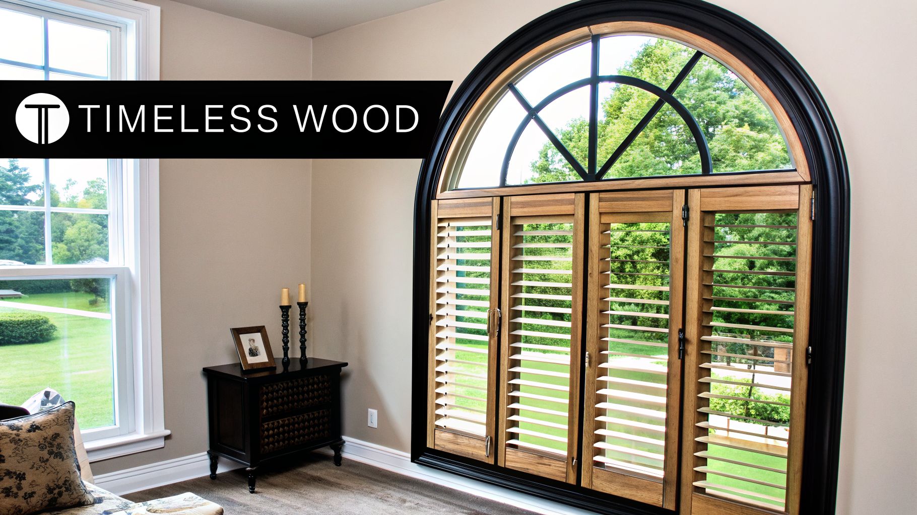 A cozy room with a large arched window featuring natural wood plantation shutters, overlooking a lush green landscape.