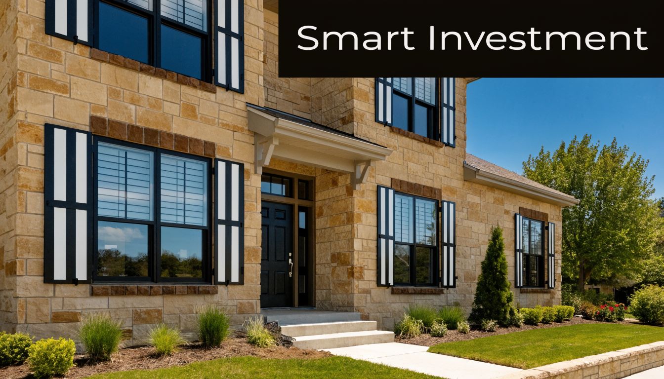 A beautiful stone house with modern black window shutters and a well-manicured garden exterior.