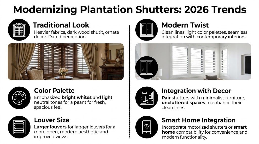 A comparison infographic showing the evolution of plantation shutters from traditional dark styles to modern white designs.
