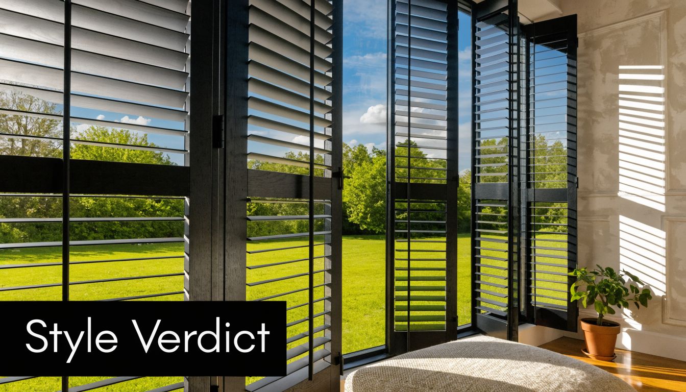 A bright room features elegant black plantation shutters on folding doors overlooking a lush green garden.