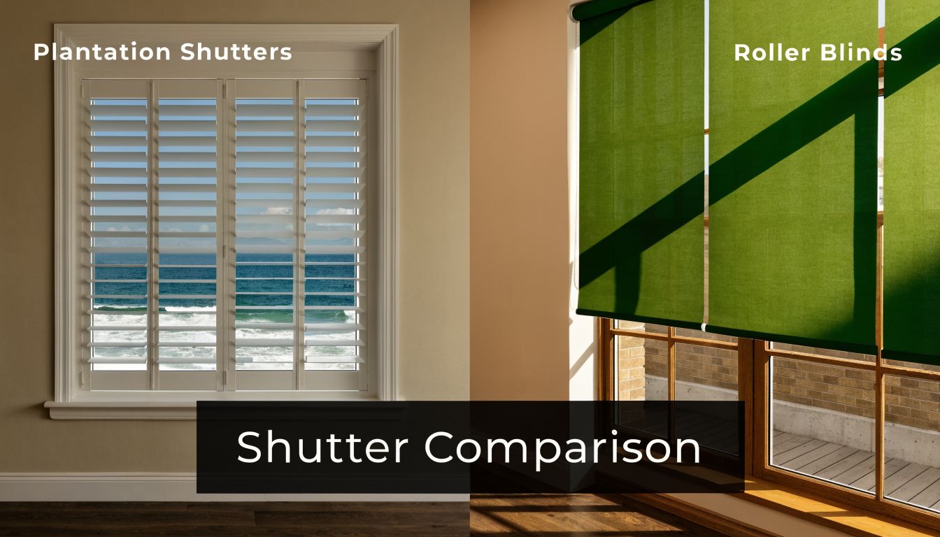A split image comparing white plantation shutters on the left and green roller blinds on the right.