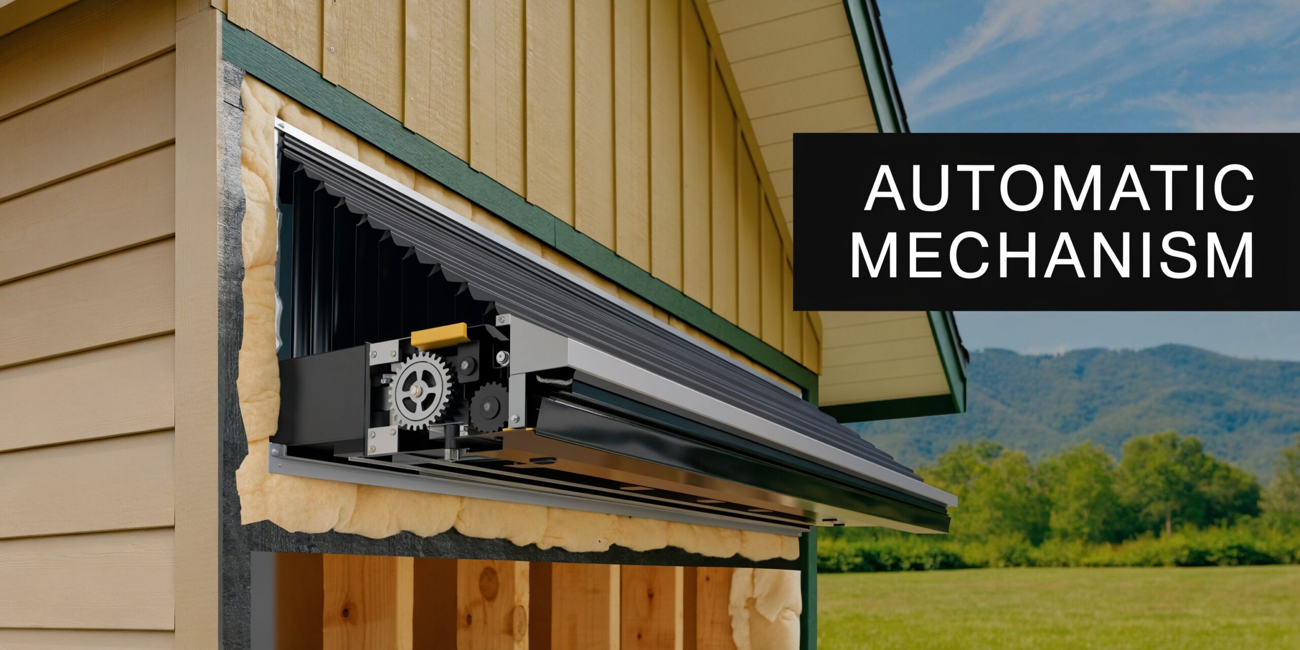 A cutaway view showing the inner working mechanism of an automatic hurricane shutter system installed on a house.