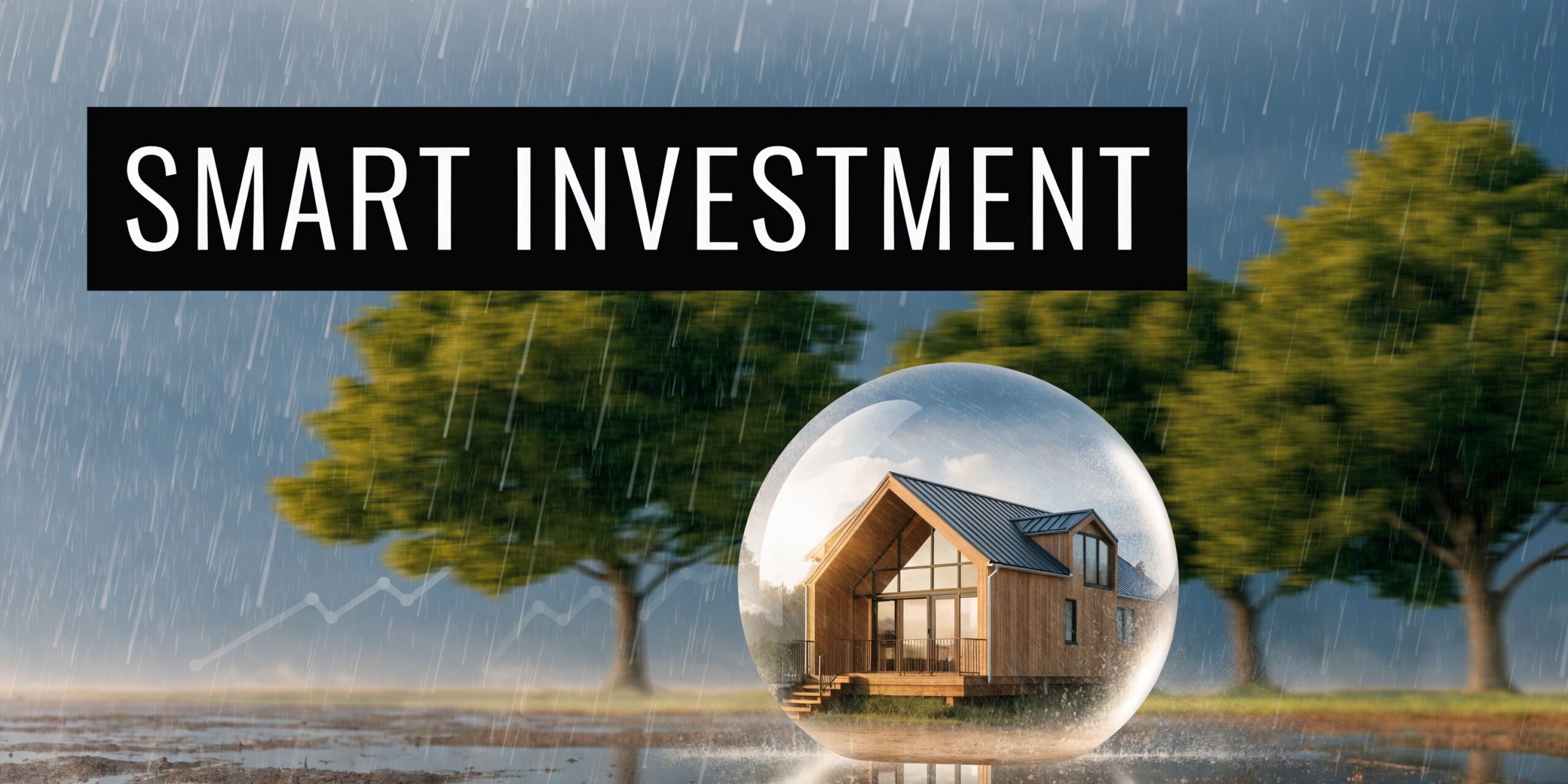 A house inside a protective glass bubble amidst a rainstorm, representing safe real estate investment strategies.