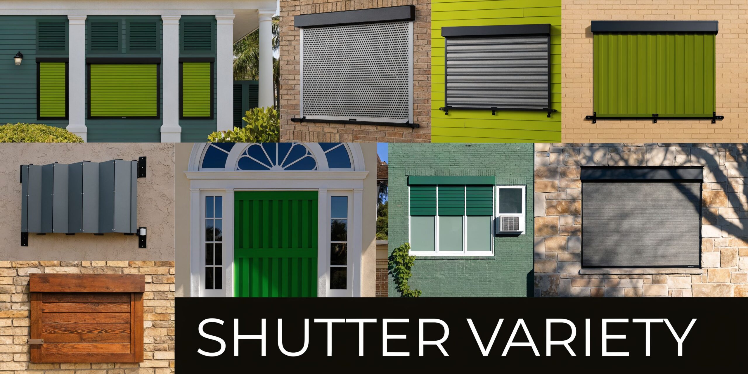 A collage showing a wide variety of different automatic hurricane shutters and security shutters installed on homes.