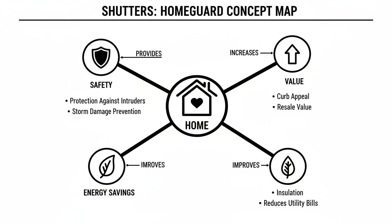 A concept map showing how Homeguard shutters improve home safety, value, and energy savings through insulation.