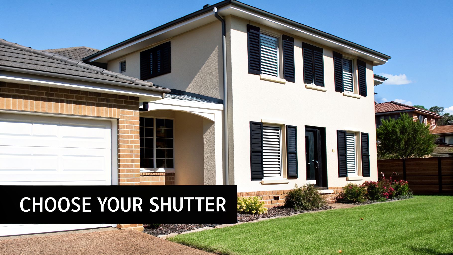 A modern two-story house with cream walls and black louvered shutters on a sunny day.