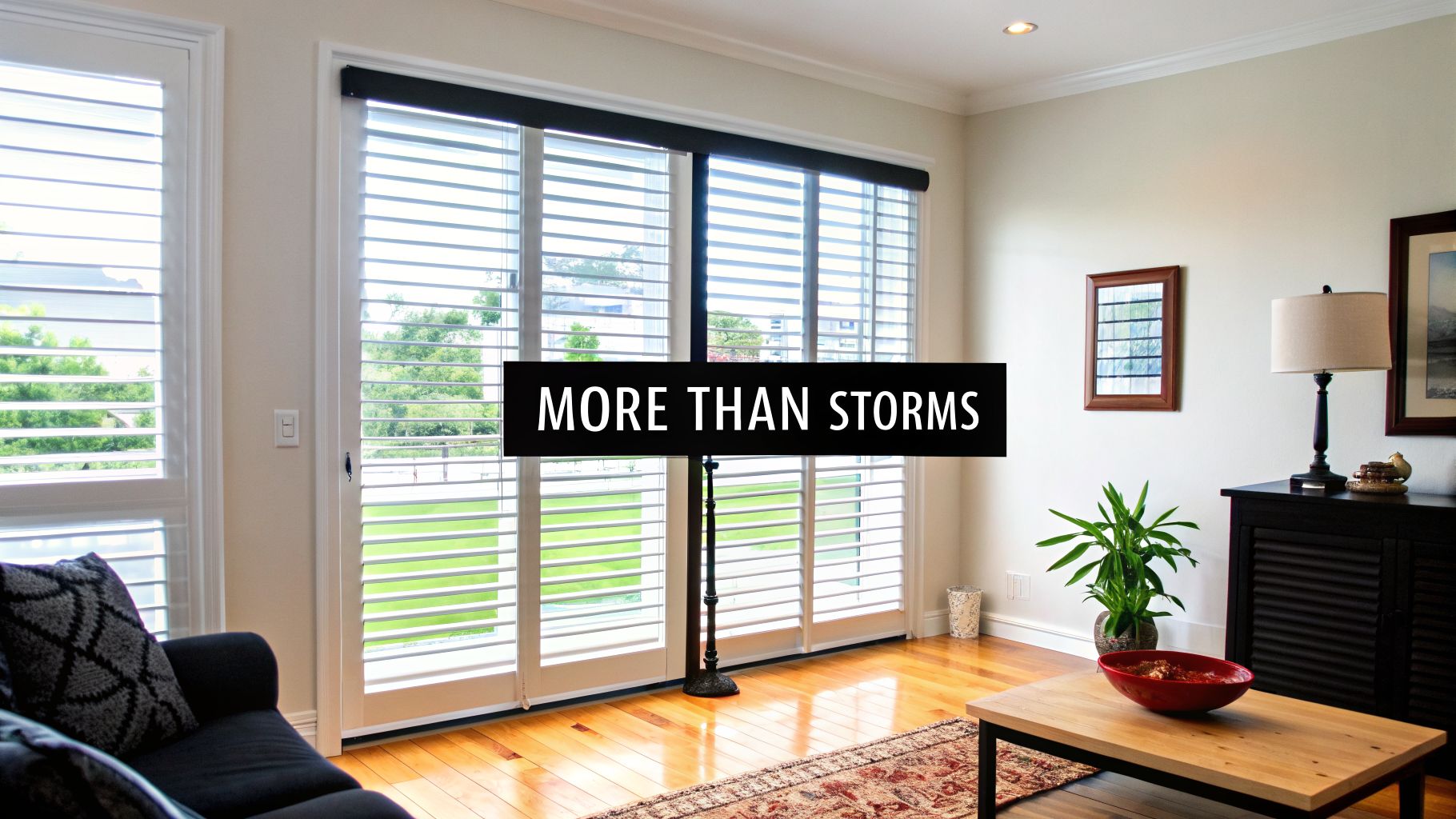 A bright living room featuring large windows with white plantation shutters and stylish home decor.