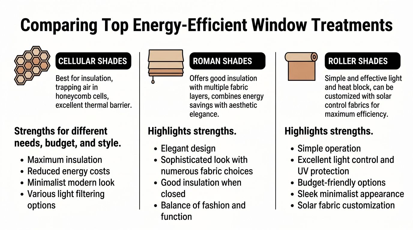 A comparison chart outlining the key features and benefits of cellular, Roman, and roller energy-efficient window treatments.