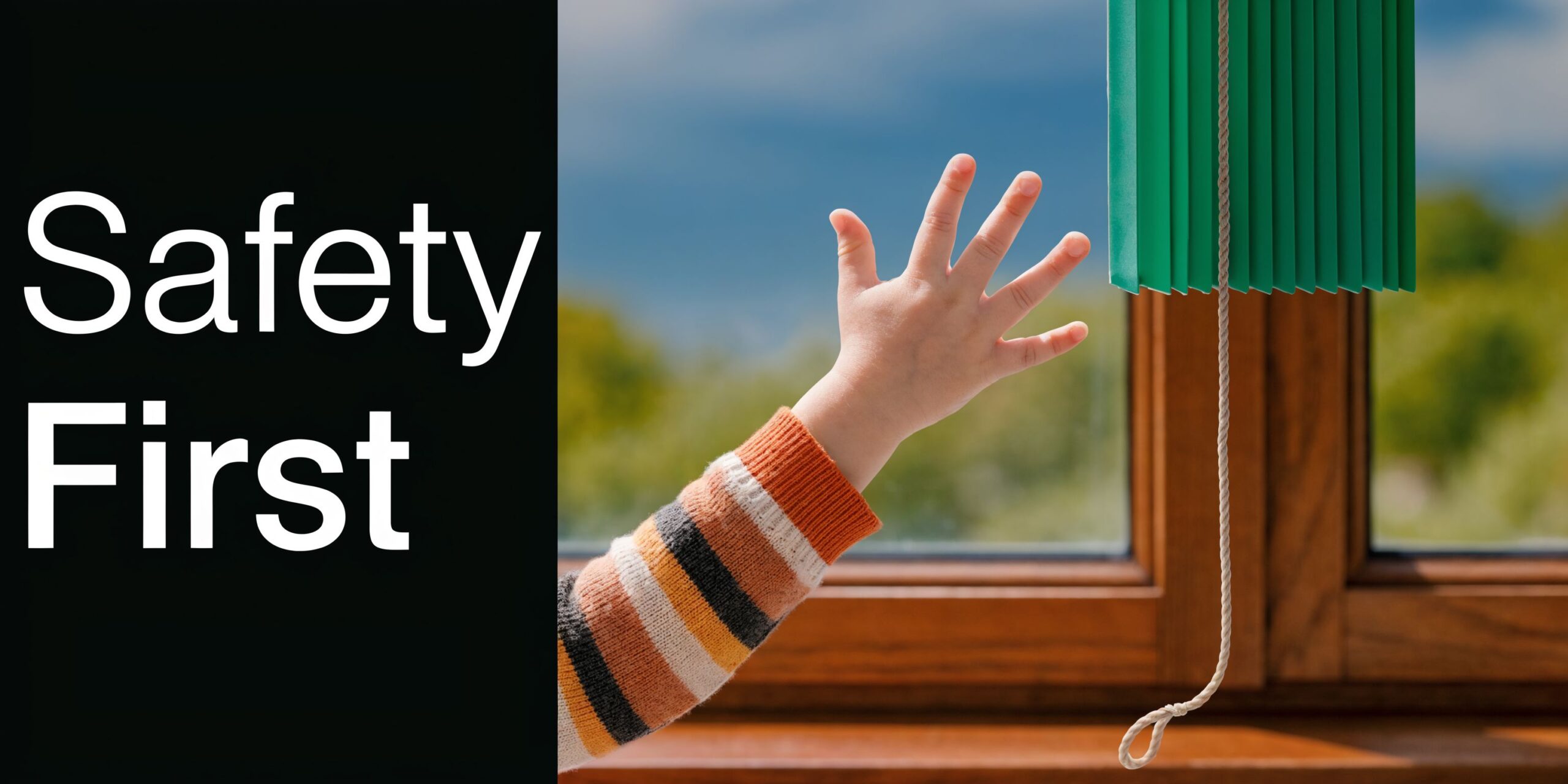 A toddler's hand reaching towards hanging blind cords near a window, highlighting child home safety concerns.