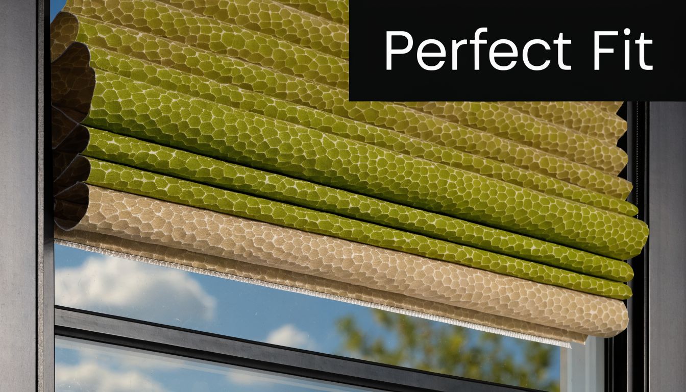 A close-up view of textured green and beige cellular shades installed on a window frame.