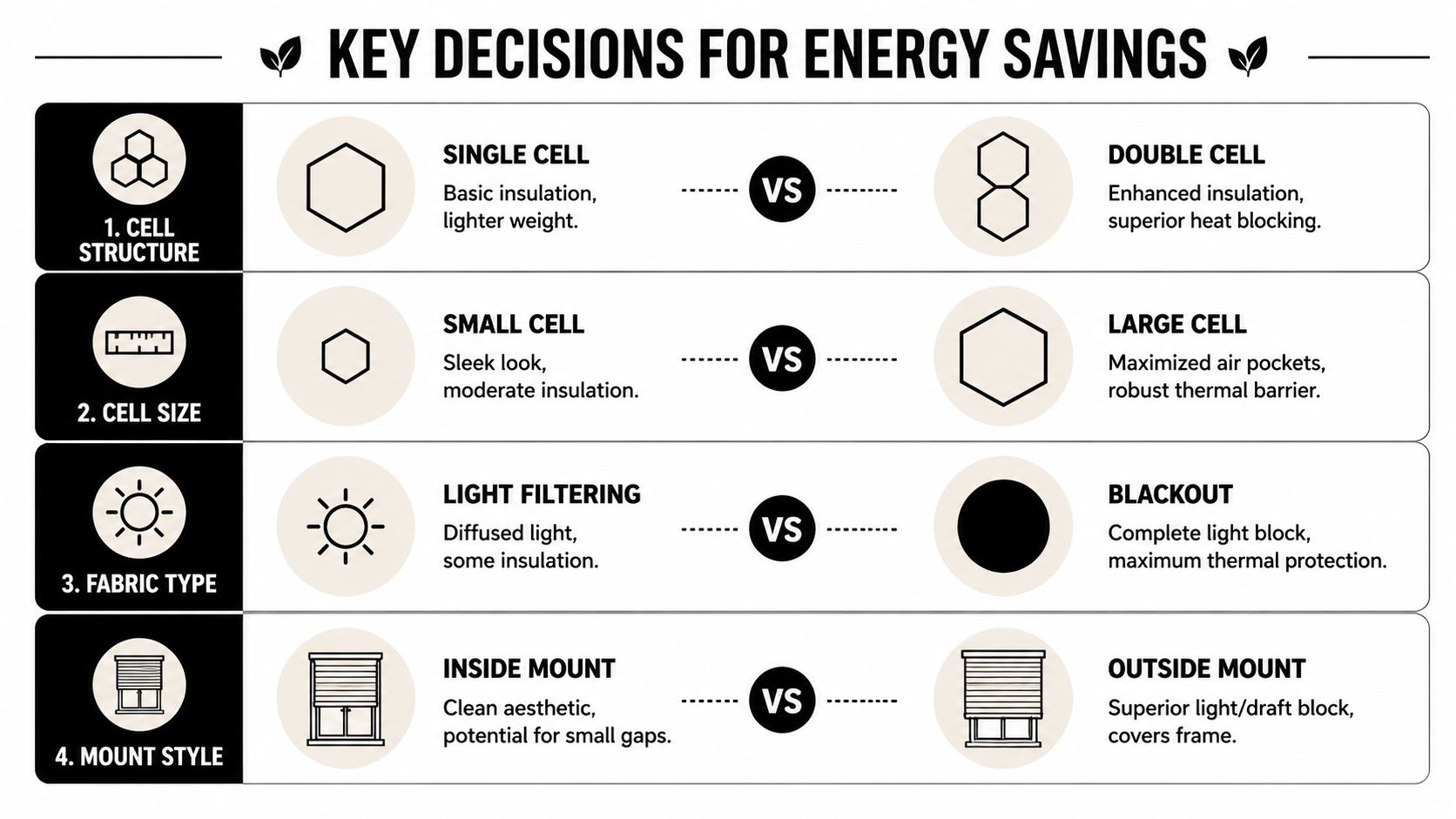 A comparison chart outlining key decisions for cellular shade insulation including cell structure, size, fabric, and mounting.