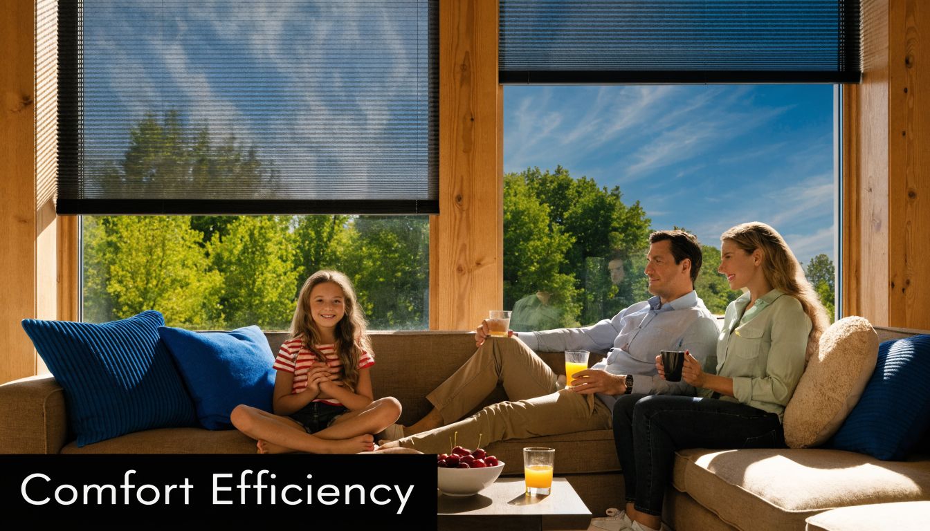 A happy family relaxing on a couch in a sunlit living room with energy-efficient cellular window shades.