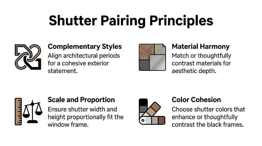 An infographic titled Shutter Pairing Principles displaying four icons and descriptions about design, materials, scale, and color.