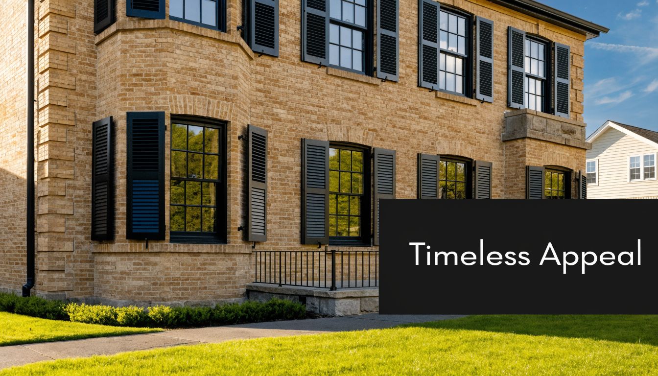 A luxurious tan brick house exterior featuring elegant black-framed windows with matching dark shutters and landscaping.