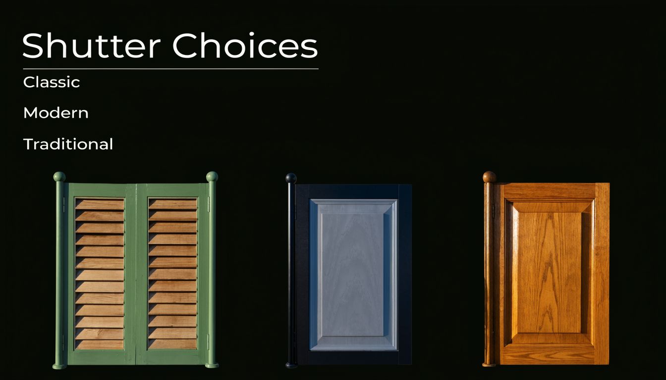 A display showing three different types of shutter designs titled Classic, Modern, and Traditional with wood finishes.