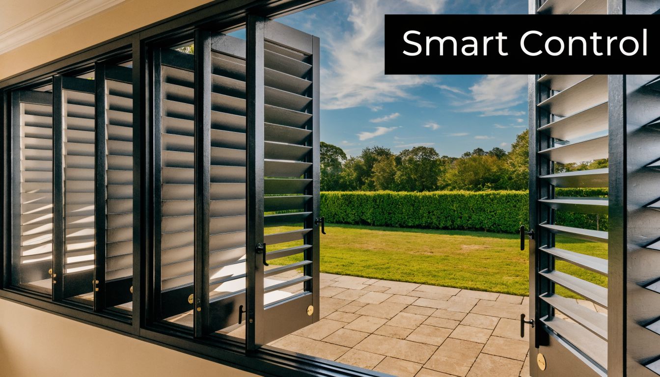 A modern room with black shutter windows opening onto a sunny backyard patio on a clear day.