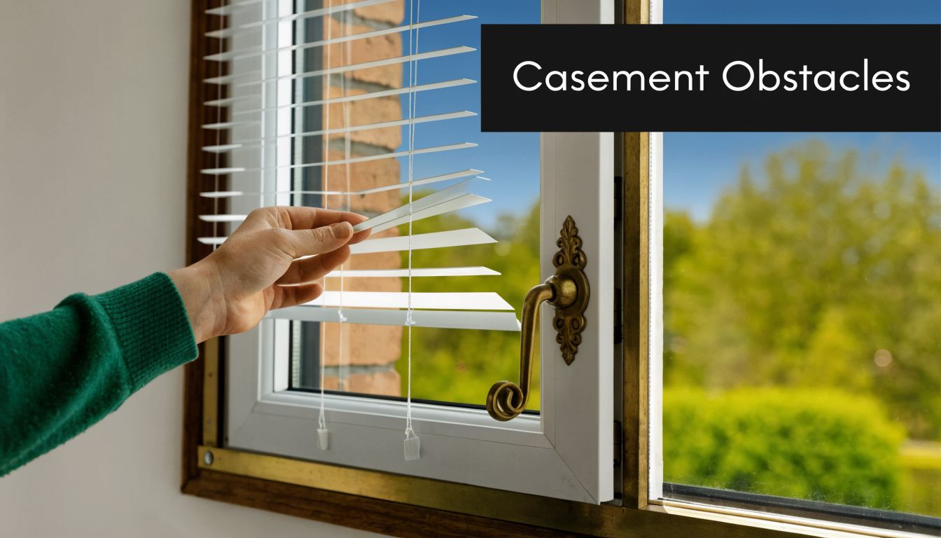 A hand adjusts white horizontal window blinds placed over a casement window with a brass handle.