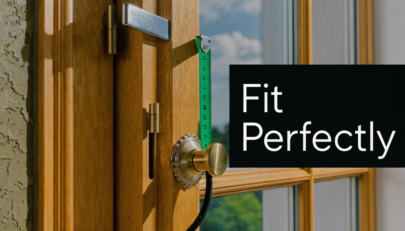 A measuring tape placed on a wooden casement window frame with text overlay saying Fit Perfectly.