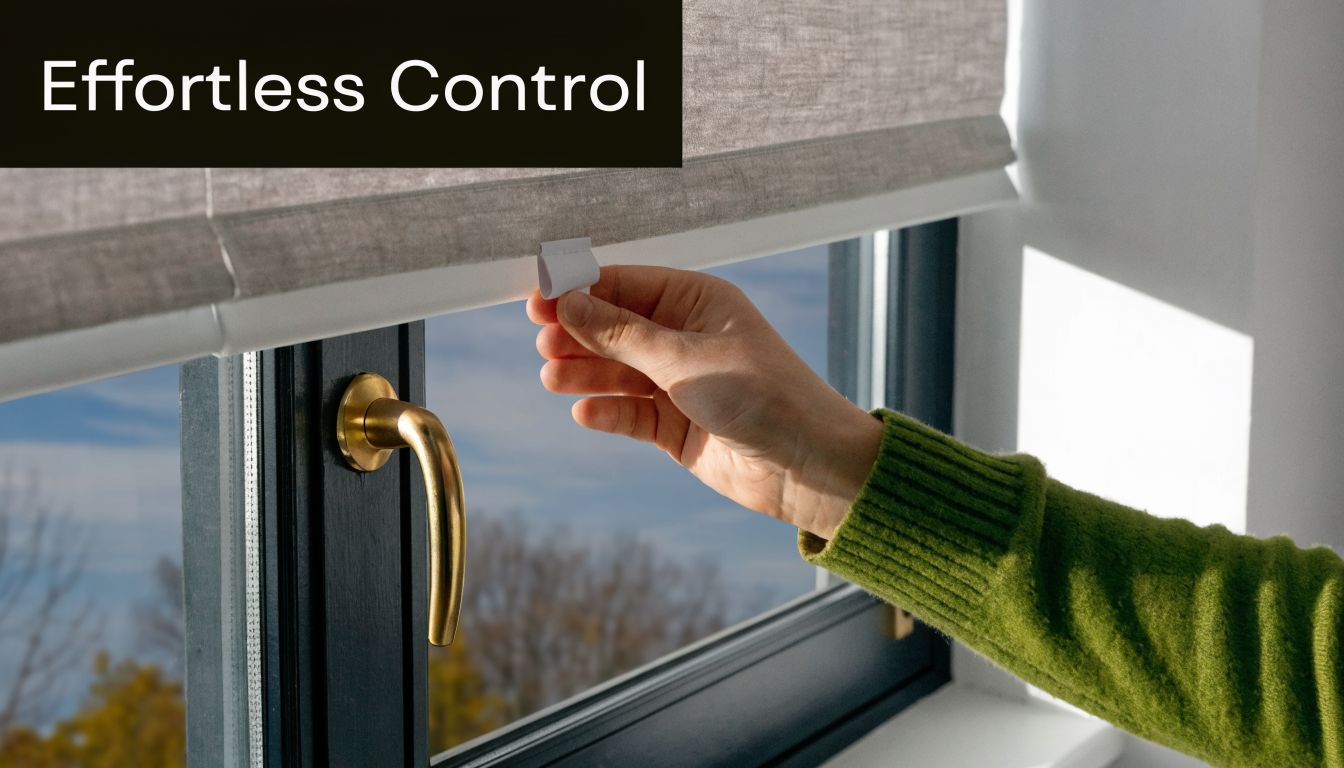 A hand pulls a small tab on a modern roller shade covering a black framed casement window.
