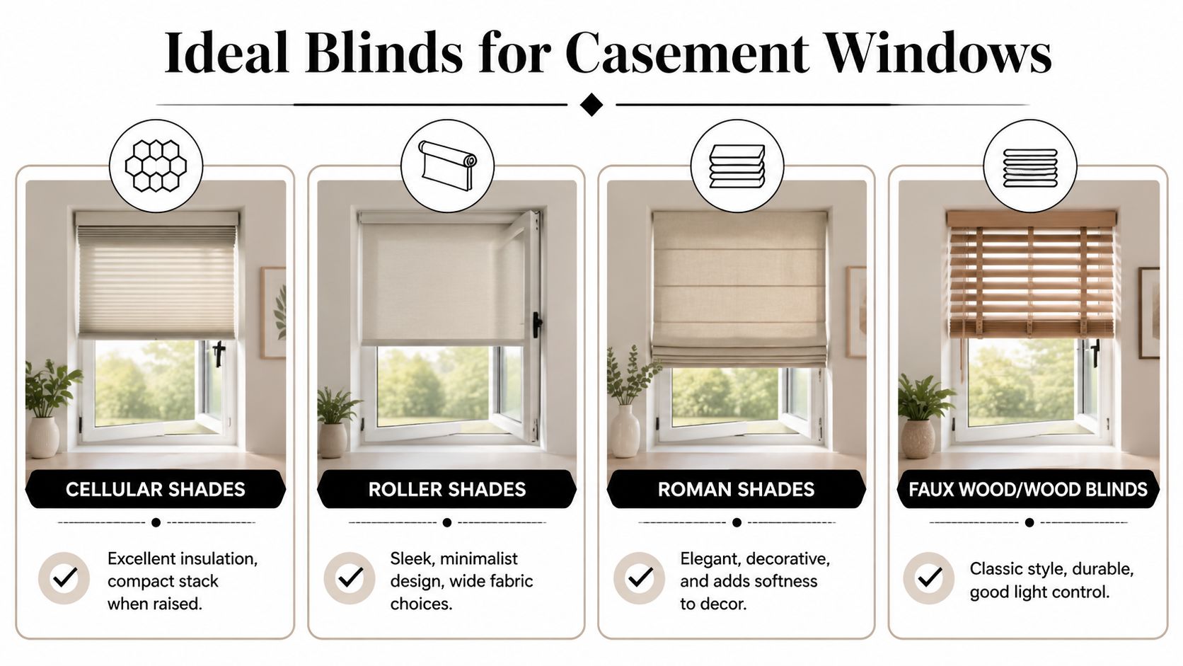 An infographic displaying four ideal window covering types for casement windows, including cellular, roller, roman, and wooden blinds.