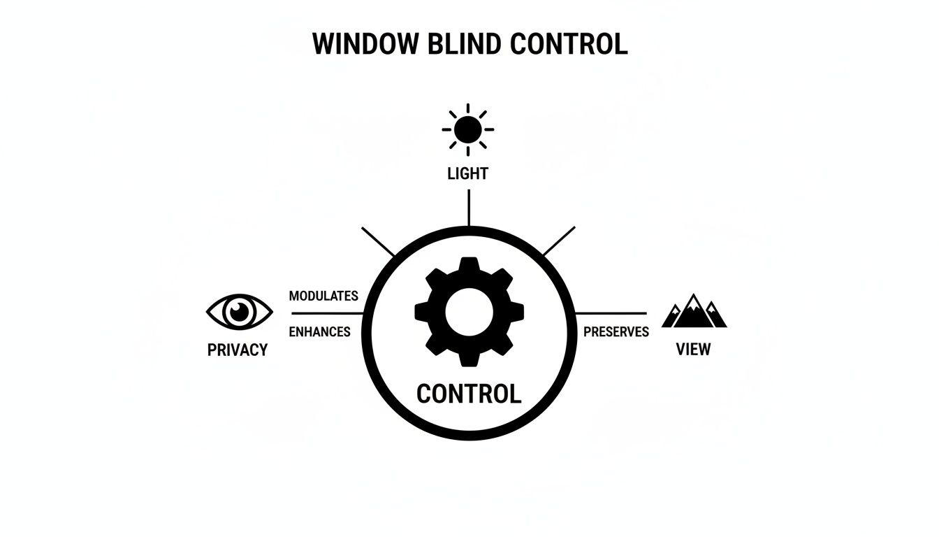 A diagram illustrating window blind control, showing how it modulates light, enhances privacy, and preserves views.