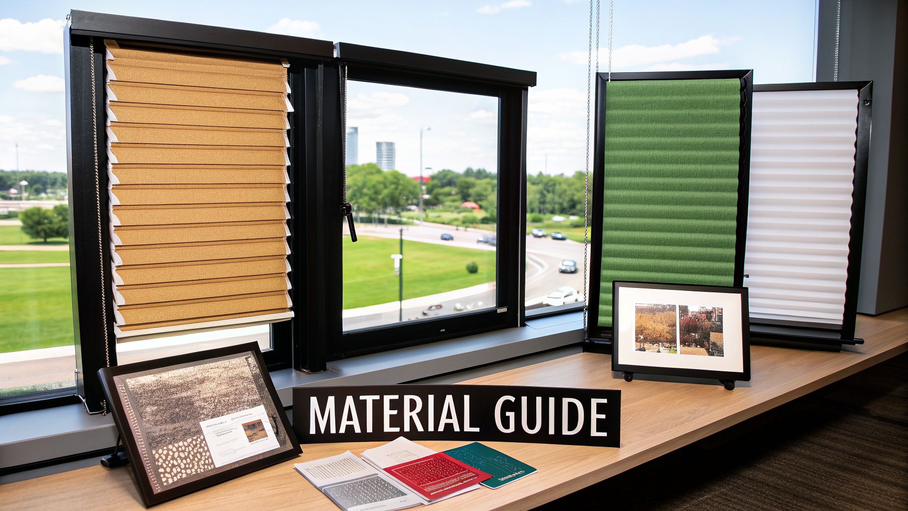A display of various window blinds, material samples, and a 'MATERIAL GUIDE' sign on a desk.