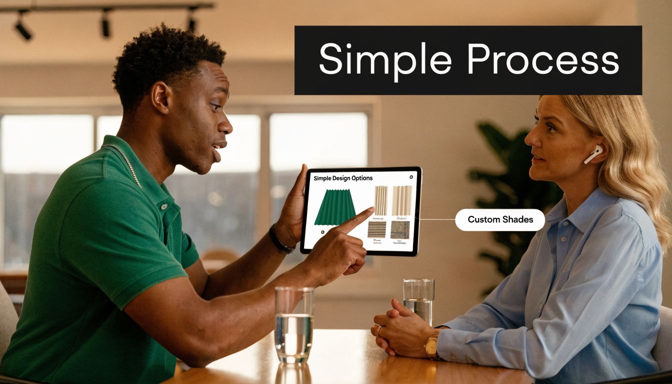 A professional interior designer shows custom window shade design options on a tablet to a female client.