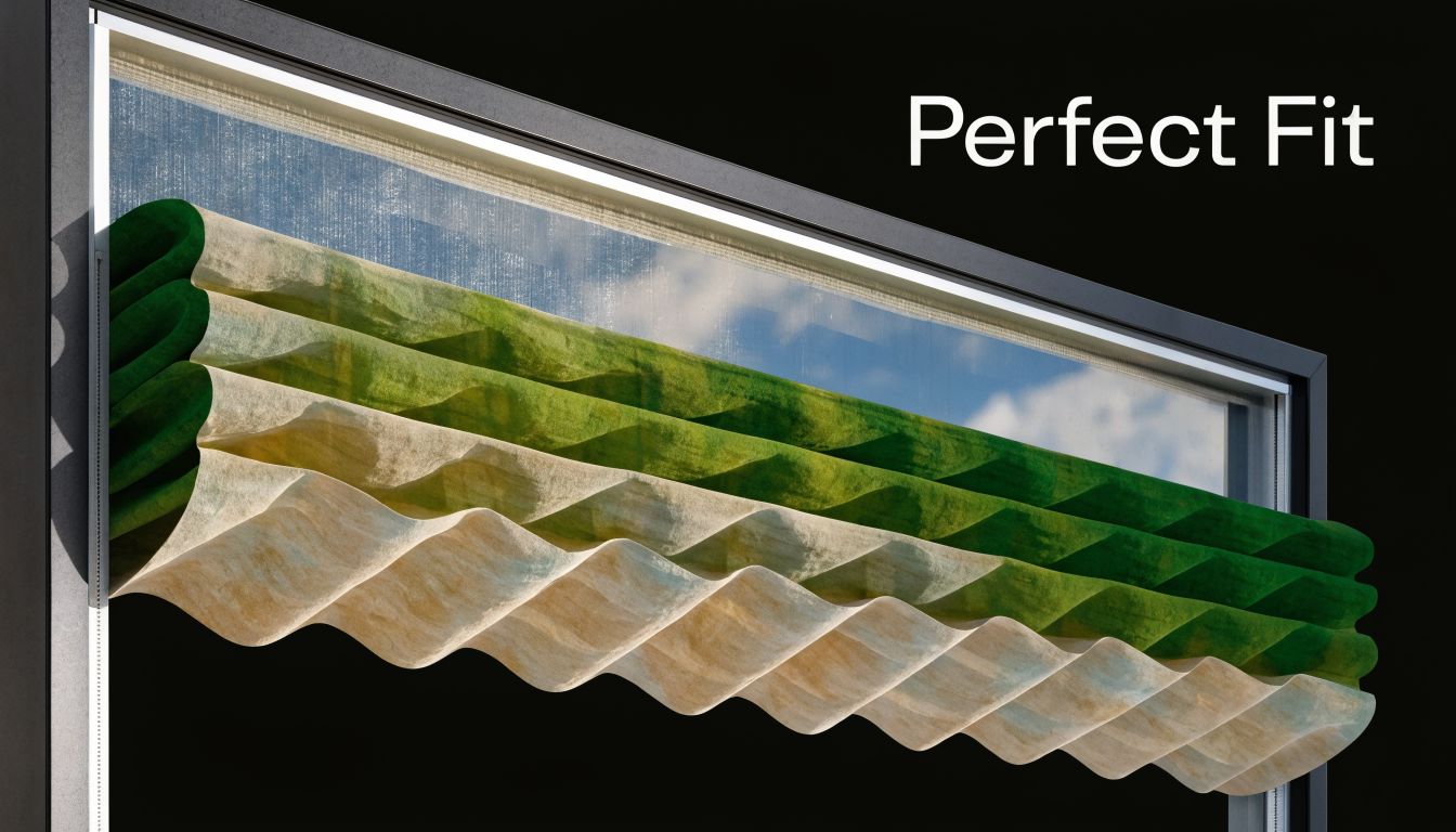 A close-up view of elegant, pleated green and beige custom fabric shades installed on a window frame.