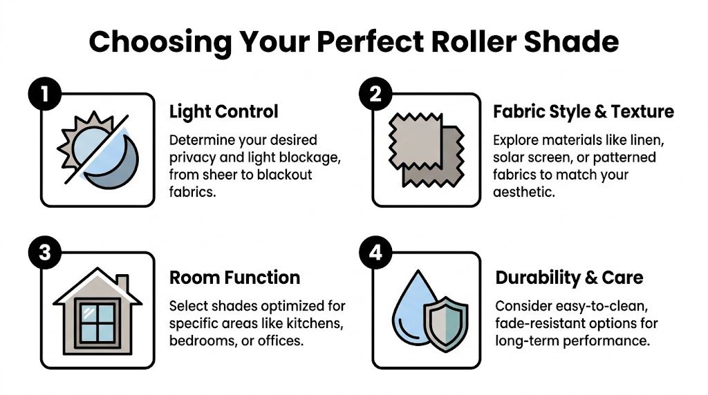 An infographic titled Choosing Your Perfect Roller Shade, outlining four key considerations for selecting window coverings.