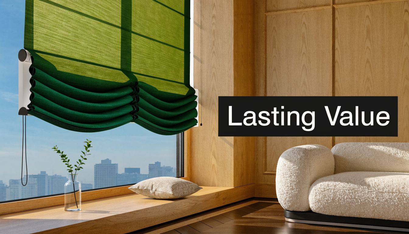 A modern living room with a green roman shade installed on a window overlooking a cityscape.