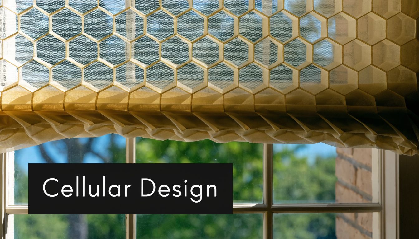 Close-up of cellular honeycomb shades hanging in a window, showcasing their unique hexagonal fabric design.