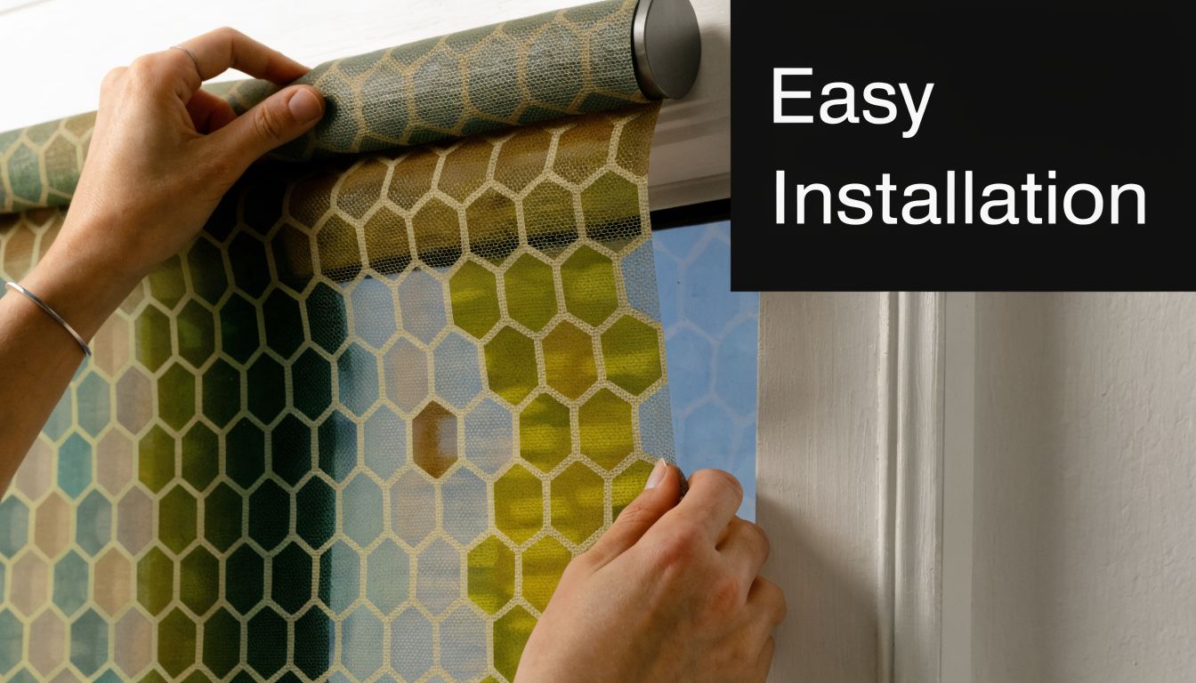 A pair of hands installing a honeycomb patterned window shade in a home setting.