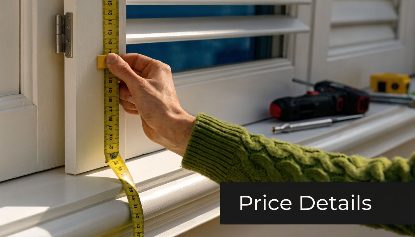 A person measuring white window shutters with a yellow tape measure while installing them in a home.
