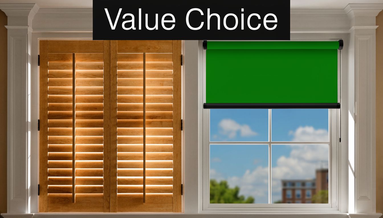 A wooden shutter window covering beside a green roller blind installed on a white window frame.