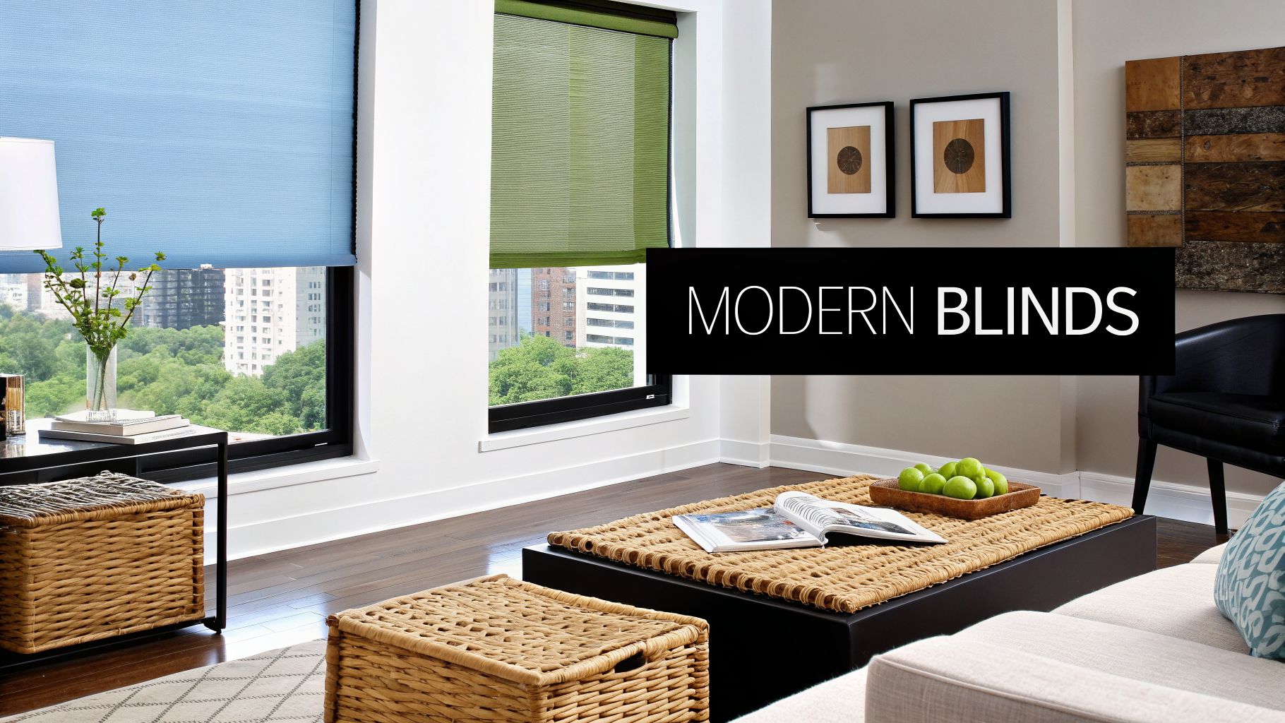 A modern living room featuring blue and green roller blinds on large windows with a city view.