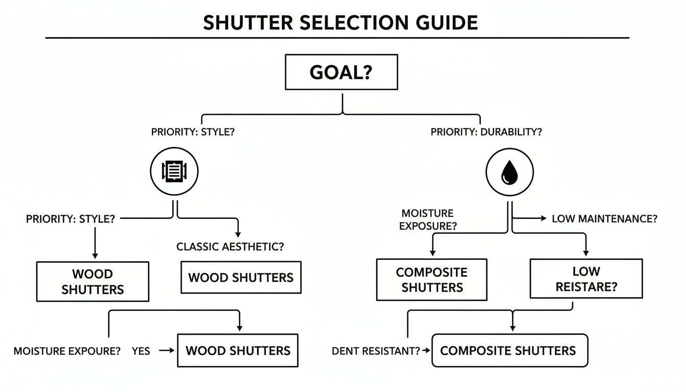 Flowchart guide for selecting shutters based on priorities like style, durability, moisture, and maintenance.