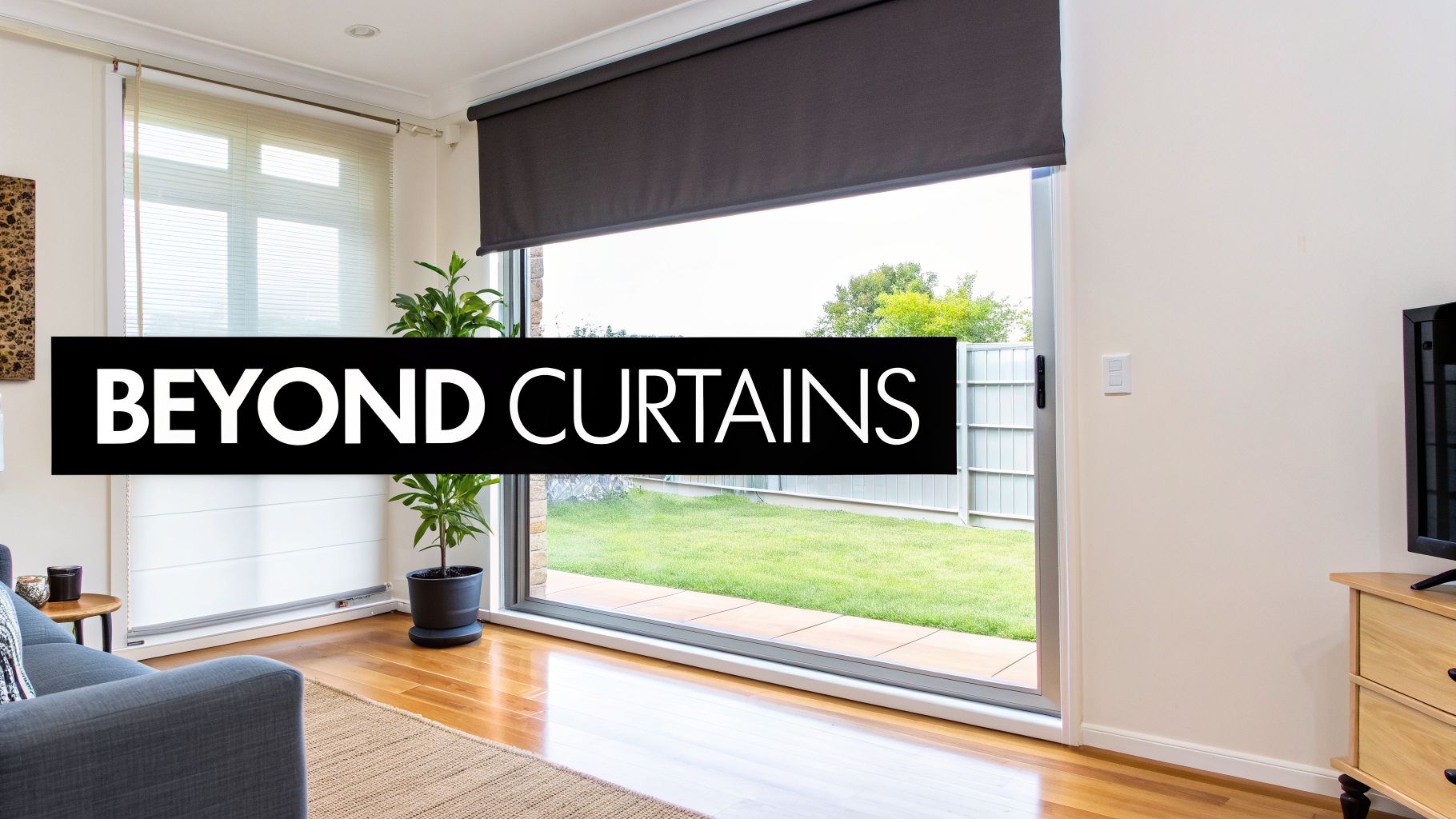 Modern living room with various window coverings, including blinds and roller shades, for light control.