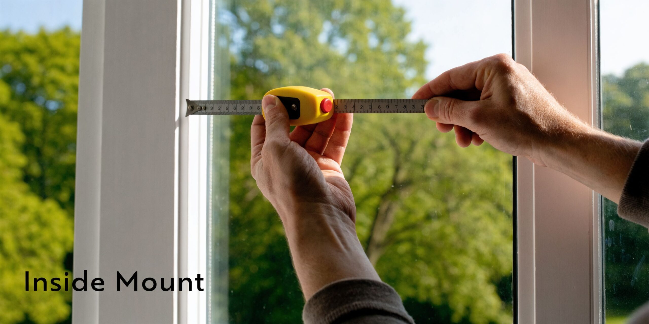 A close-up view of hands measuring the inner width of a window frame with a tape measure.