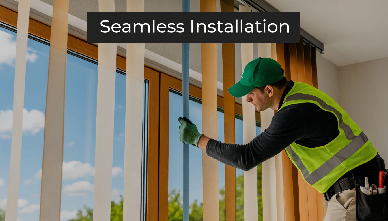 A professional installer in a high-visibility vest hanging Hunter Douglas vertical blinds on a home window.