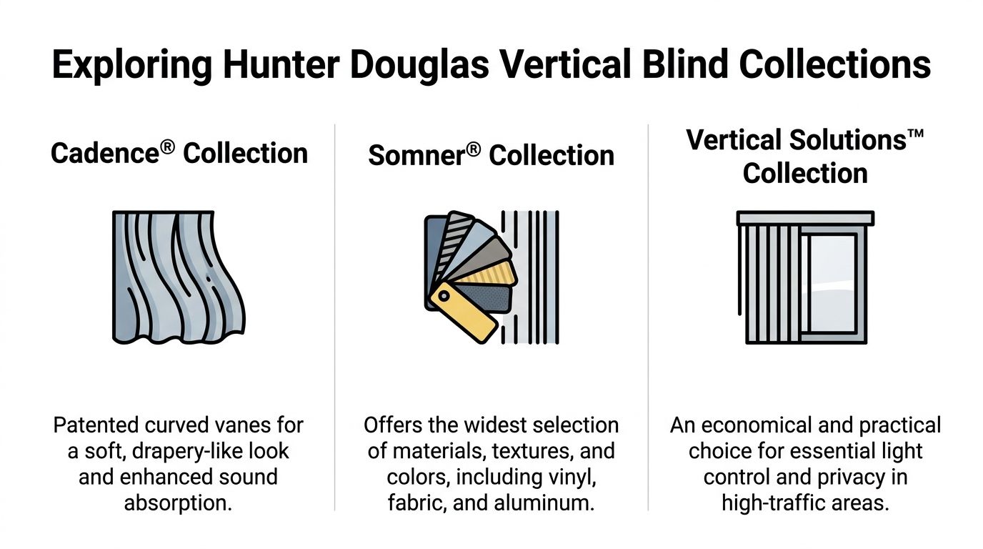 A comparison chart of Hunter Douglas vertical blind collections including Cadence, Somner, and Vertical Solutions.
