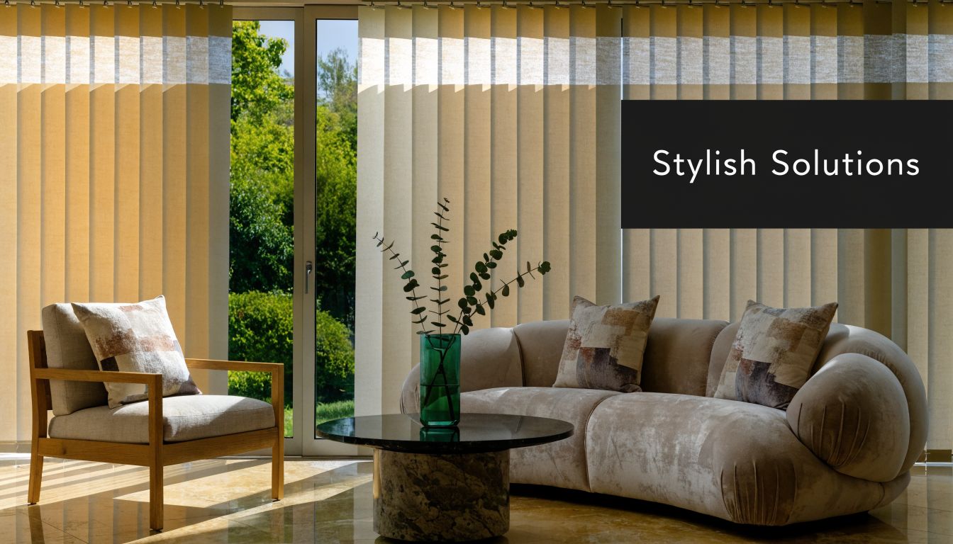 A modern living room featuring Hunter Douglas vertical blinds and elegant furniture for stylish window covering solutions.