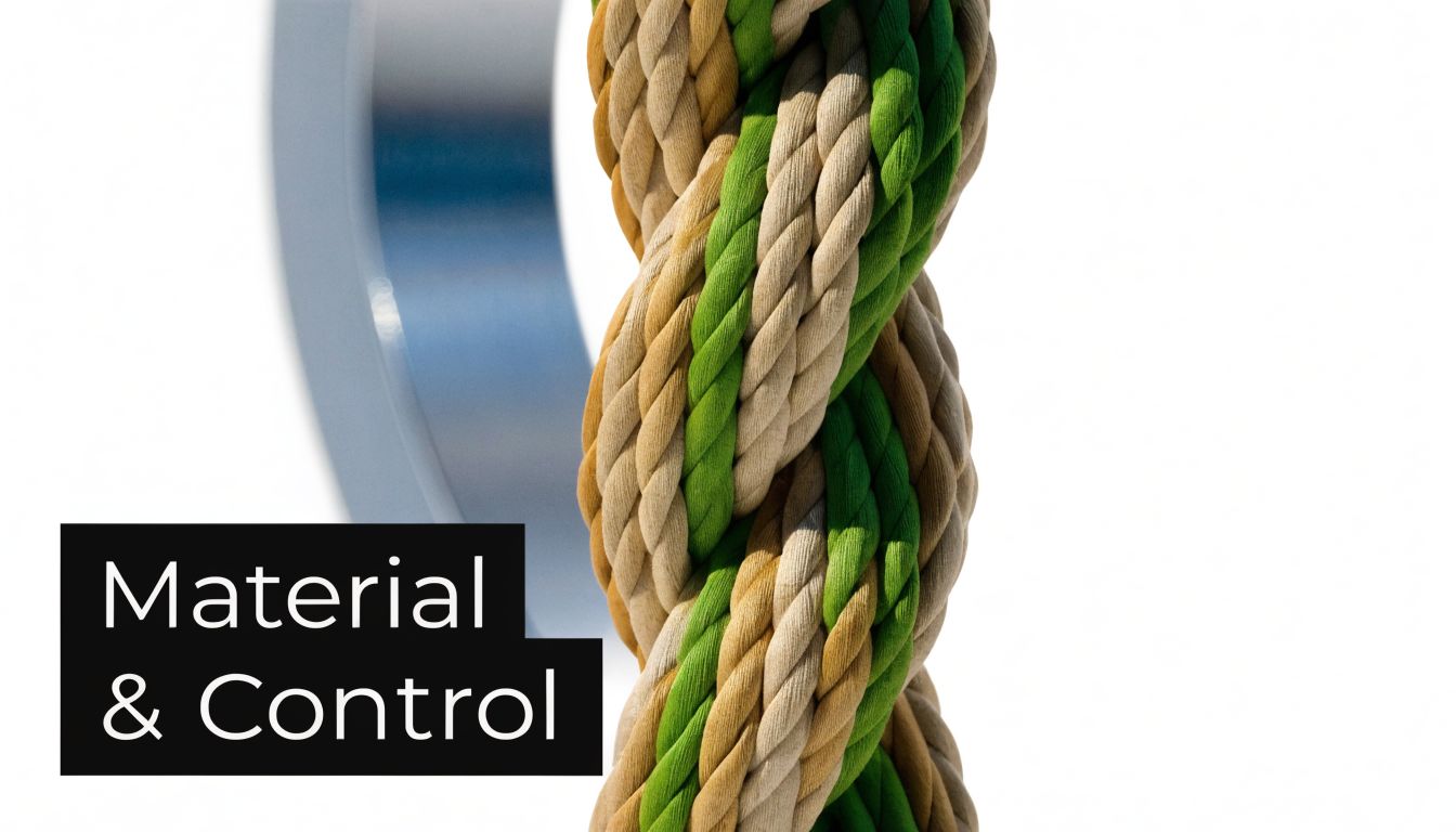 Close-up view of twisted green and beige rope hanging next to a polished metallic ring element.