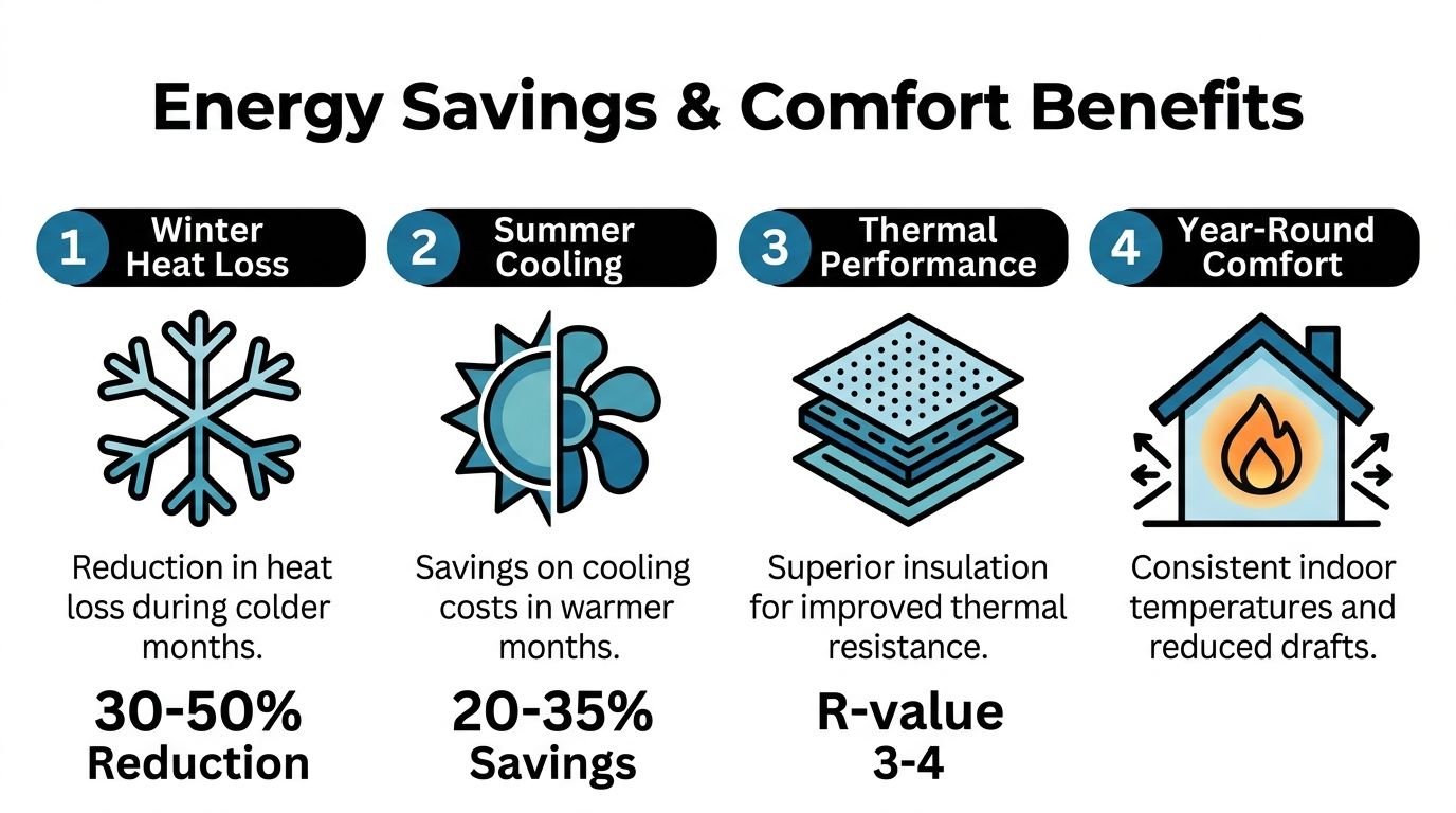 An infographic detailing energy savings and comfort benefits provided by insulated window shutters throughout the year.