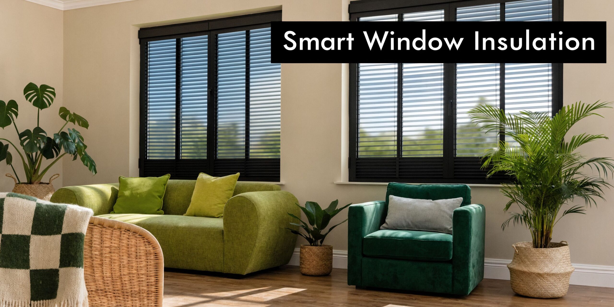 A cozy living room featuring modern black insulated window shutters and vibrant green furniture with house plants.